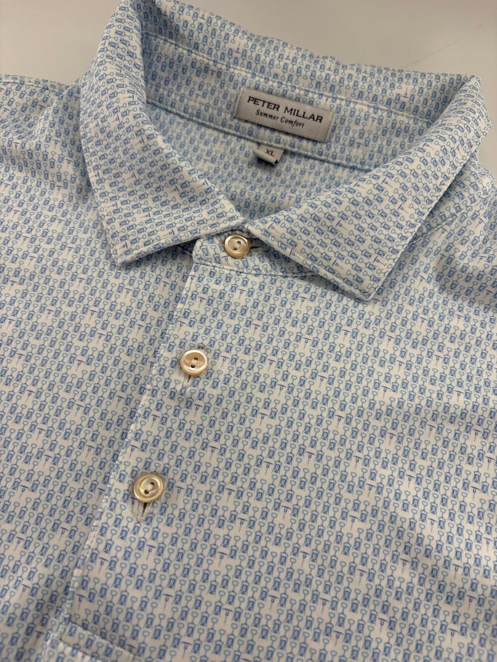 Peter Millar Summer Comfort Polo Men XL Blue White Bit Print Stretch Golf Shirt